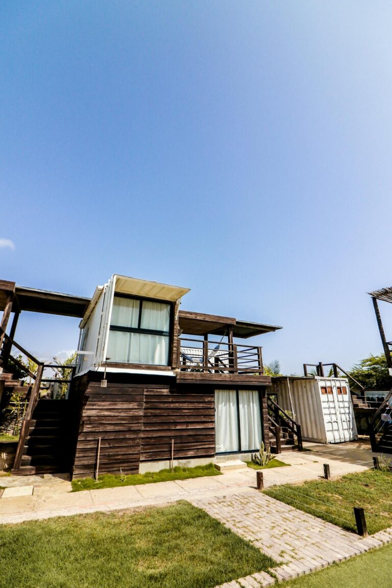 Stylish shipping container house with clear sky in Adicora, Venezuela.